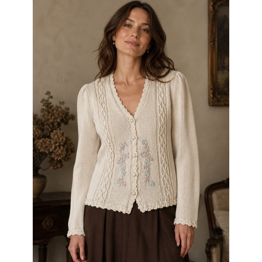 Bryn Connelly Grandmacore Cardigan Floral Embroidered Pearl Cable Knit